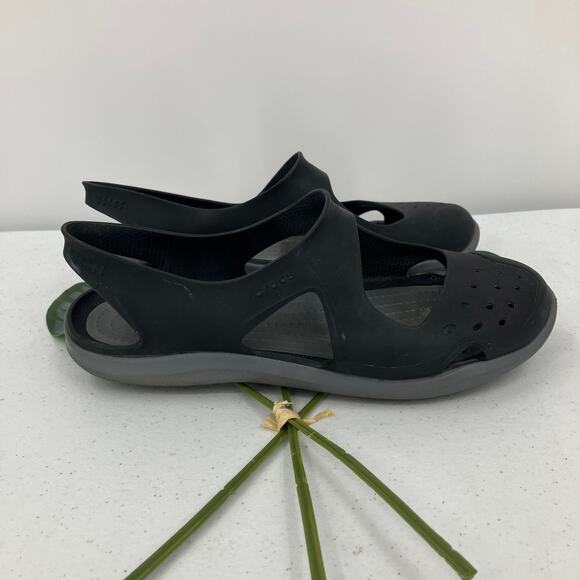 Crocs Black Gray Lightweight Swiftwater Wave Boat Beach Mary Jane Sandal Shoes - Picture 9 of 11